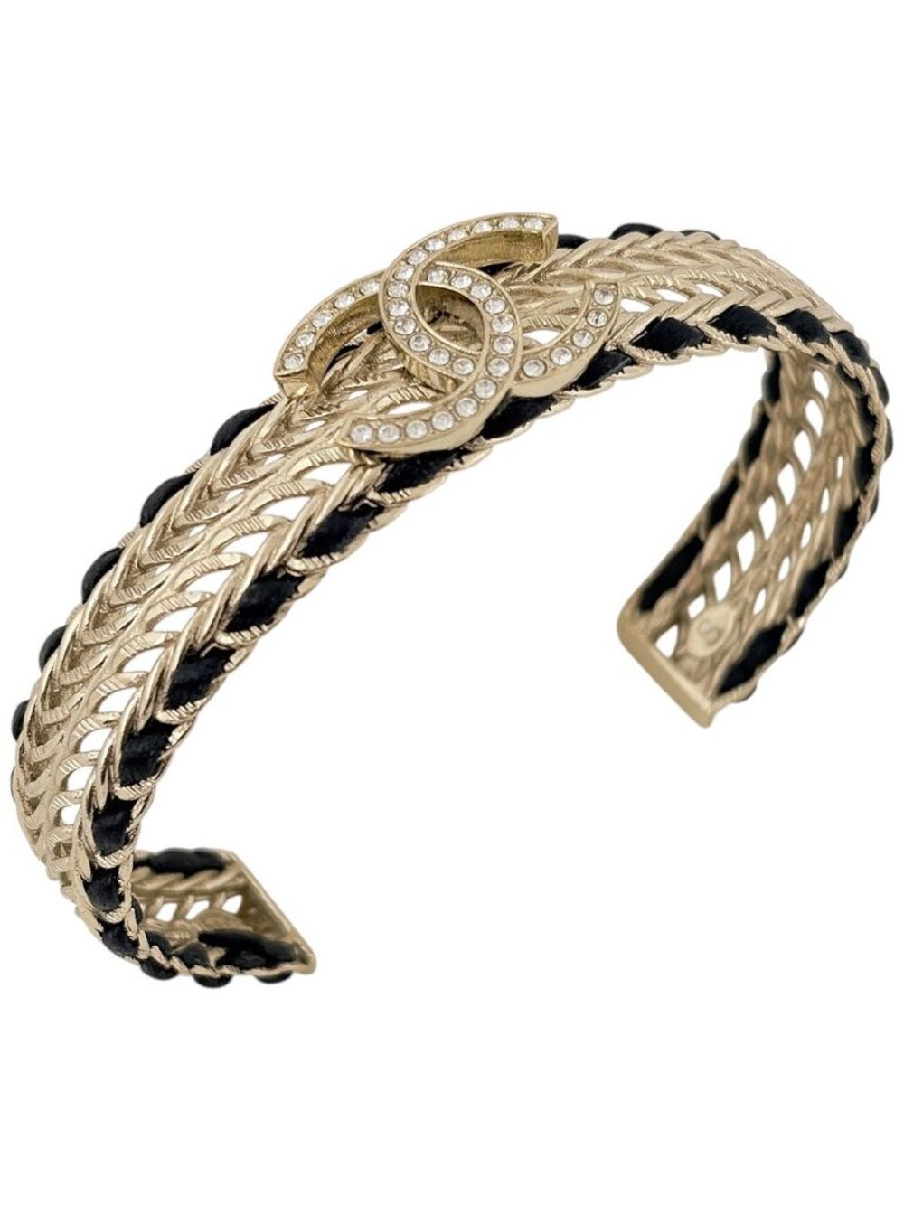 Chanel Bangle CC Logo Leather Rhinestone Gold Black Bracelet